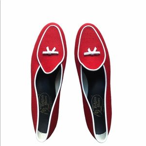 Red linen Belgian Loafers Size 8. Never been worn.